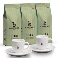 BLASERCAFÉ TERRA VITA zrnková káva 3x1kg+2 šálky na espresso ZADARMO